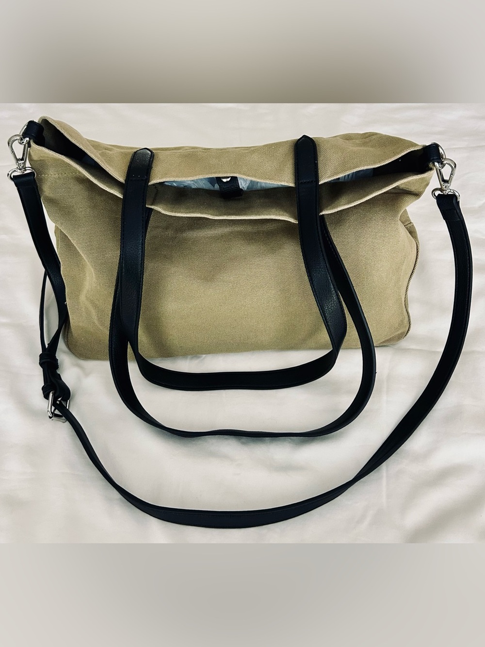 Banana Republic Army Green Canvas Tote with Black Faux Leather Straps